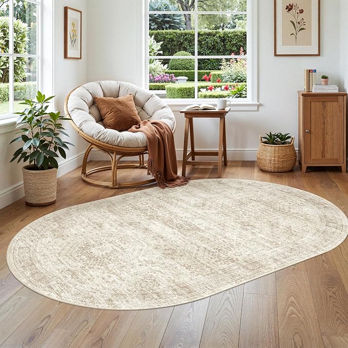 Soalmost Small Oval 3x5 Rug for Entryway Kitchen, Washable Area Rugs, Beige | Vintage Low Pile Carpet for Nursery Coffee Table Bathroom, Foldable Stain Resistant Indoor Door Mat Entrance Powder Room