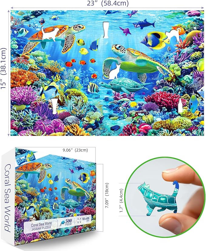 500 Piece Jigsaw Puzzles for Adults Ocean Reef Underwater Scene with Sea Turtles & Tropical Fish Puzzle for Seniors Family Challenging Puzzle with Letters on Back Perfect for Game Night (23"X15")