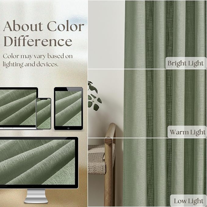 Pinch Pleated Sage Green Thick Linen Curtains 96 Inch Length 2 Panels Set | for Living Room Bedroom Window Sliding Glass Door, Light Filter Semi Sheer, Boho Farmhouse, Pinch Pleat with Hooks Rings 8ft