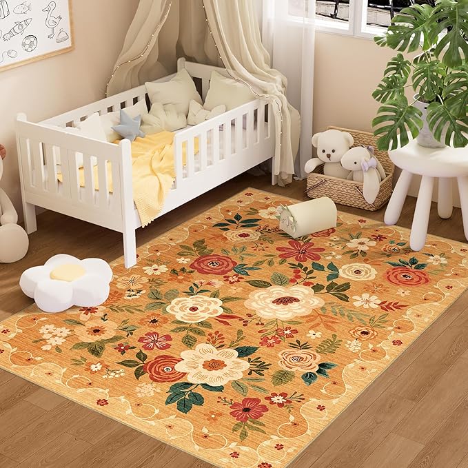 DUKINO 4x6 Area Rug, Floral Washable Rug Non Slip Office Chair Mat, Orange | Low Pile, Stain Resistant, Soft Indoor Rug for Bedroom, Living Room, Dining Room, Kids Room, Pet Friendly, Modern Home Decor