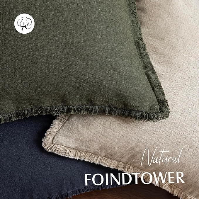 Foindtower Set of 2 Decorative Linen Fringe Throw Pillow Covers Cozy Farmhouse Cushion Cover with Tassels Accent Pillowcase for Couch Chair Sofa Bed Living Room Home Decor,16×16 Inch,Dark Olive Green