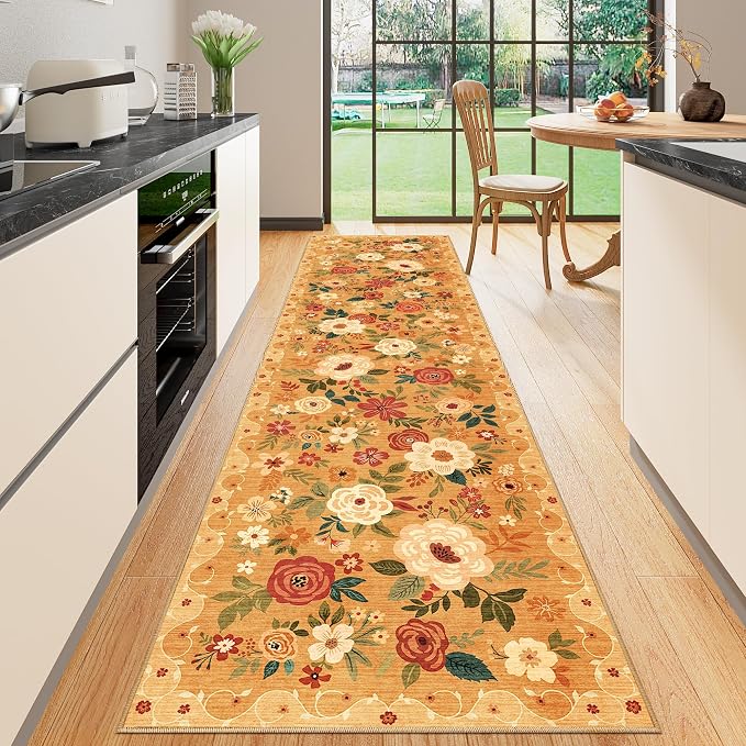 DUKINO 2.6x10 Runner Rug for Hallway, Washable Kitchen Rugs Non Slip Orange | Soft, Low Pile, Floral Indoor Floor Rug Runner for Entryway, Bedroom, Bathroom, Laundry, Pet Friendly, Home Decor, Ultra-Thin