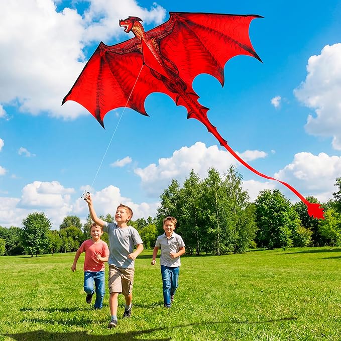 JOYIN Dragon Kites for Kids and Adults, Easy to Fly Large Single Line Kite for Kids - 55" x 46" Red Kites with 328ft String for Beginners,Dragon Red Beach Kite for Outdoor Games and Activities