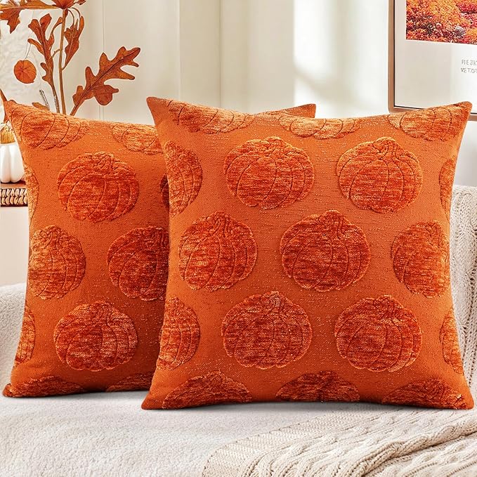 decorUhome Chenille Rust Pumpkin Soft Throw Pillow Covers 18x18 Set of 2 | Fall Decorative Jacquard Farmhouse Accent Modern Farmhouse Neutral Pillowcases for Bed Sofa Autumn Harvest Halloween Holiday