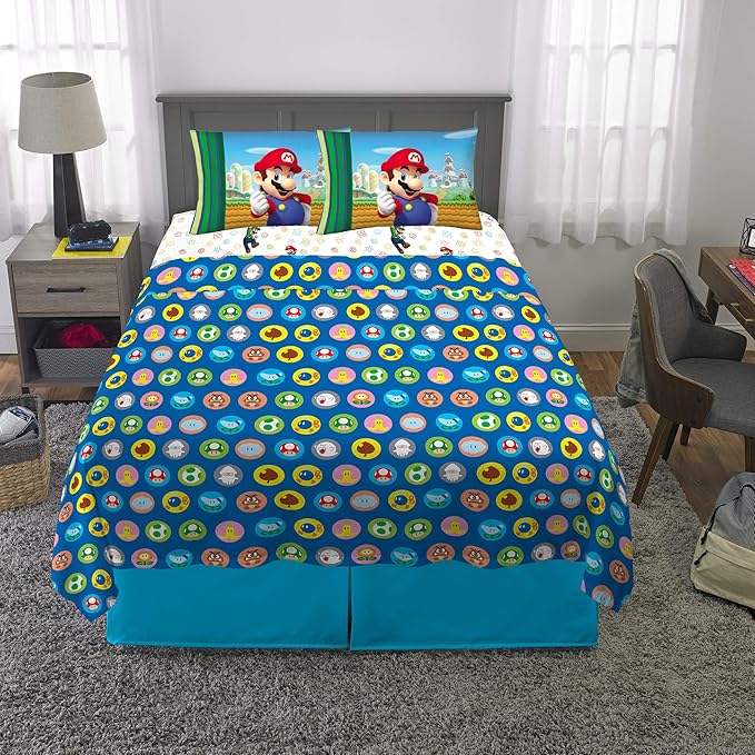 Super Mario Kids Bedding Soft Cozy Microfiber 4 Piece Full Size Sheet Set, (Officially Licensed Product) By Franco