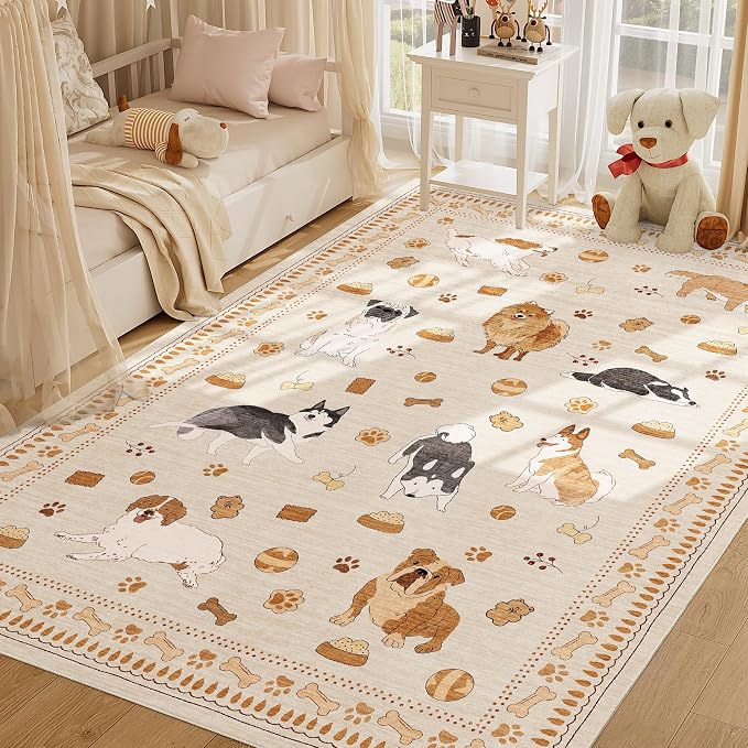 DUKINO 5x7 Area Rugs, Washable Dog Rug for Kids Room Non Slip, Beige Yellow | Low Pile, Stain Resistant, Soft Animal Carpet for Living Room Bedroom Dining Room Farmhouse, Kid & Pet Friendly, Non Shedding