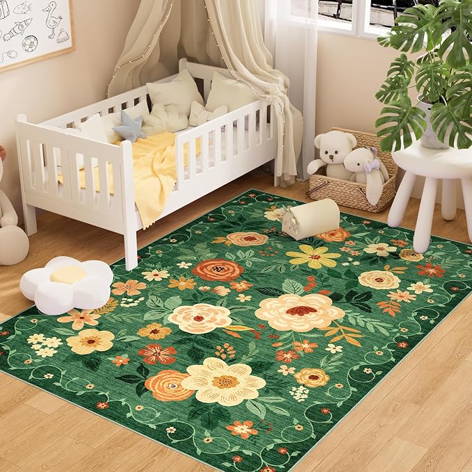 DUKINO 4x6 Area Rug, Floral Washable Office Chair Rug Non Slip, Dark Green | Low Pile, Stain Resistant, Soft Indoor Rug for Bedroom, Living Room, Dining Room, Kids Room, Pet Friendly, Modern Home Decor