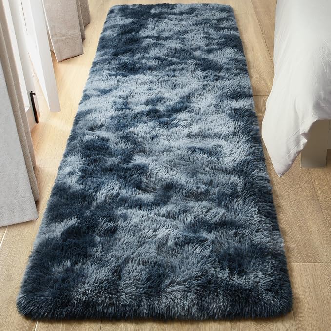 Tepook Soft Runner Rugs for Bedroom Living Room, Fluffy Plush Rug 2x6 for Kids Girls Room, Shag Furry Area Rug Non Slip Carpet for Nursery Children Dorm Home Decor, Tie-dye Dark Blue