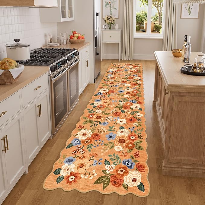 DUKINO 2x8 Washable Runner Rug, Floral Non Slip Kitchen Runner Rug, Orange | Low Pile, Soft Throw Rug Runner for Hallway, Entryway, Bedroom, Bathroom, Pet Friendly, Stain Resistant, Home Decor
