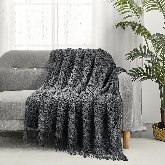 CREVENT Farmhouse Boho Knitted Throw Blanket for Couch Sofa Chair Bed Home Decoration, Soft Warm Cozy Light Weight for Spring Summer Fall (50''X60'' Dark Grey)