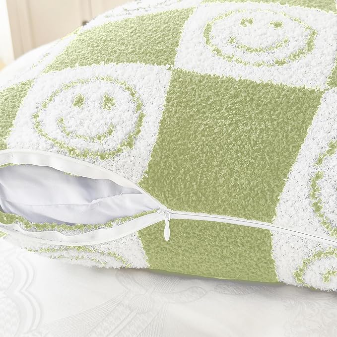 Pack of 2 Ultra Soft Cozy Happy Smiling Face Checkered Knitted Throw Pillow Cover Fluffy Microfiber pillocase Decorative for Sofa Bed 18 Inches Both Sides (Green)