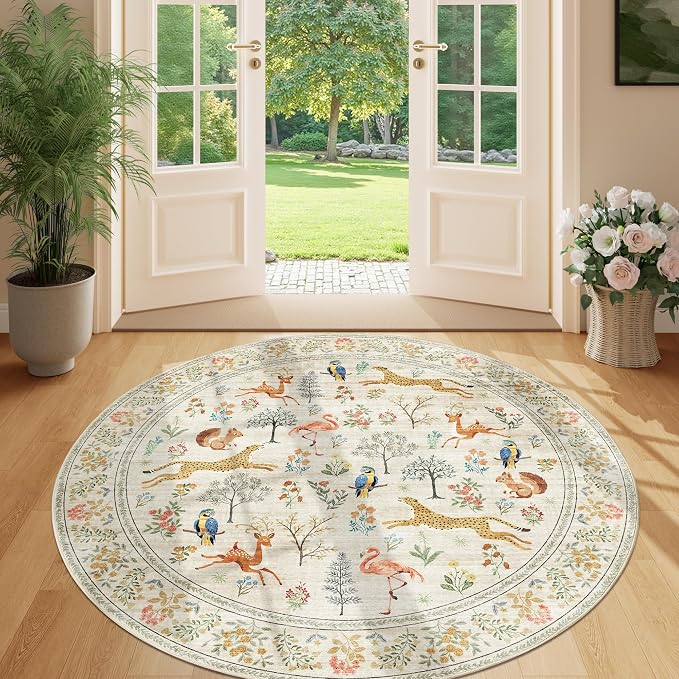 DUKINO 5ft Round Rug, Washable Animal Non Slip Circle Area Rug, Beige | Low Pile, Soft, Non-Shedding Indoor Round Carpet for Bedroom, Living Room, Farmhouse, Farmhouse, Pet Friendly, Lightweight