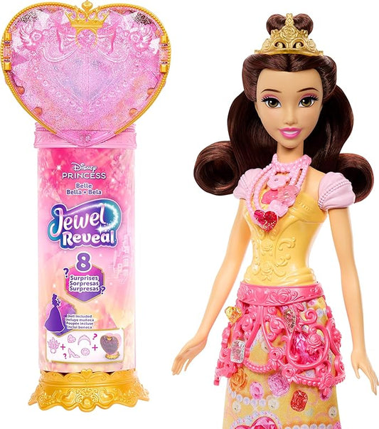 Mattel Disney Princess Belle Fashion Doll & Accessories with 8 Surprises, Including Heart Gem Box, Ring for Child & 9 Pieces, Inspired by Movie