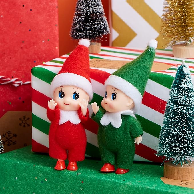 JOYIN 2PCS Christmas Elf Plush Doll, Red and Green Tiny Elf Doll with Clothes and Belt Pattern Soft Plush Accessories for Christmas Holiday Decorations, Dress-Up Party