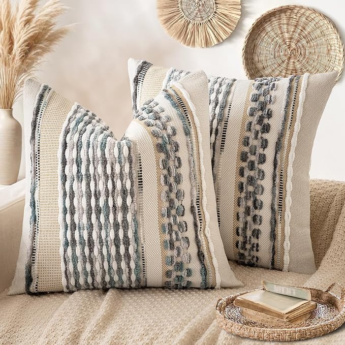 ANRODUO Boho Decorative Pillow Covers Gray Blue Stripe 26x26 Inch Pack of 2 | Euro Throw Pillow Covers, Farmhouse Cushion Case, Chenille Pillow Cases, Pillow Covers, Neutral Pillowcase for Sofa Couch Bed