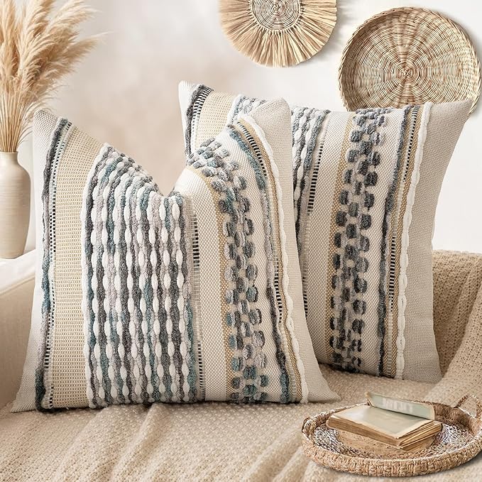 ANRODUO Boho Decorative Pillow Covers Gray Blue Stripe 24x24 Inch Pack of 2 | Euro Throw Pillow Covers, Farmhouse Cushion Case, Chenille Pillow Cases, Pillow Covers, Neutral Pillowcase for Sofa Couch Bed