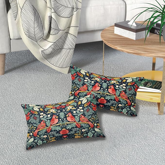 Christmas Lumbar Pillow Covers 12X20 Inch Cardinal Red Birds Berry Leaves Decorative Pillow Cases Set of 2 Xmas Winter Holiday Throw Pillows Farmhouse Home Decor for Sofa Couch Cushion Outdoor