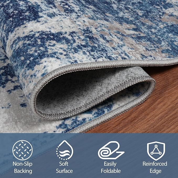 10x14 Area Rugs for Living Room Rug Washable: Abstract Large Rug Indoor Modern Carpet Non Slip for Dining Room Bedroom Nursery Home Office Blue Grey White