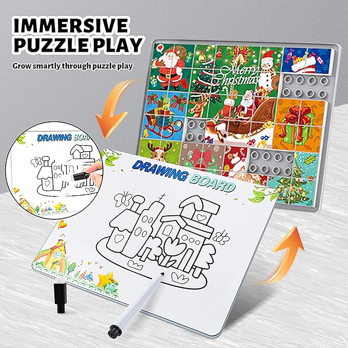 48 Piece Toy Building Jigsaw Puzzle Sets, 2 in 1 Christmas Theme Boys Girls Puzzles Building Block with Reusable Drawing Board Set for Toddlers Ages 1-3 and Kids 3+ Year Old
