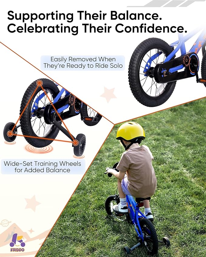 KRIDDO 14-16 Inch Kids Bike for Ages 3–8, Boys and Girls Bicycle with Removable Training Wheels, Bicycle for Kids with Hand Brake & Coaster Brake, Adjustable Height, DIY Name Plate