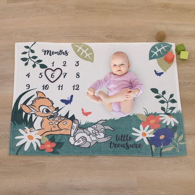NoJo Disney Bambi White and Green Little Treasure Super Soft Photo Op Milestone Baby Blanket