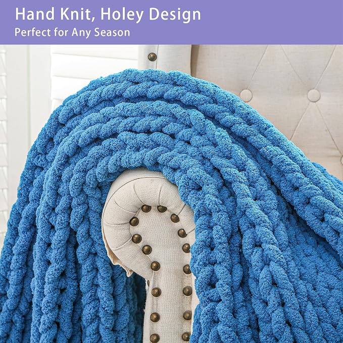Bigacogo Chunky Knit Throw Blanket for Couch, 40x40 inches, Bright Blue | Hand Knit with Jumbo Chenille, Soft Breathable Cable Knit for Sofa Bed Living Room, Machine Washable, Gift for Mom Friend