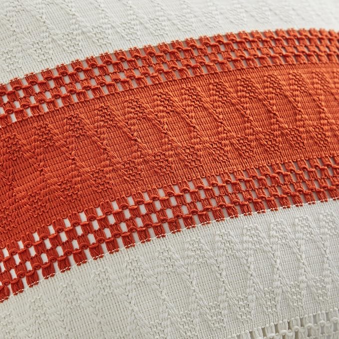 2pk Boho Pillow Covers 24x24, Natural White/Contrast/Orange | 100% Organic Cotton Body, Stripe Embroidery, Farmhouse Decorative Cushion Covers for Sofa Bed Living Room Home Decor