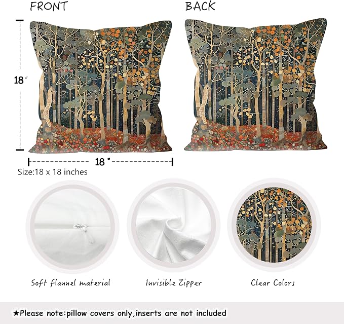 Rustic Autumn Forest Pillow Covers 18x18 Set of 2, Fall Home Room Decor, Vintage Botanical Nature William Morris Inspired Decorative Throw Pillow Covers for Home Bedroom Living Room