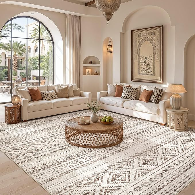 cotiled 10x12 Area Rugs Living Room Rug: Washable Boho Rugs with Non Slip Backing Large Soft Indoor Stain Resistant Carpet for Bedroom Farmhouse Dining Room Lightweight Home Decor Dark Brown