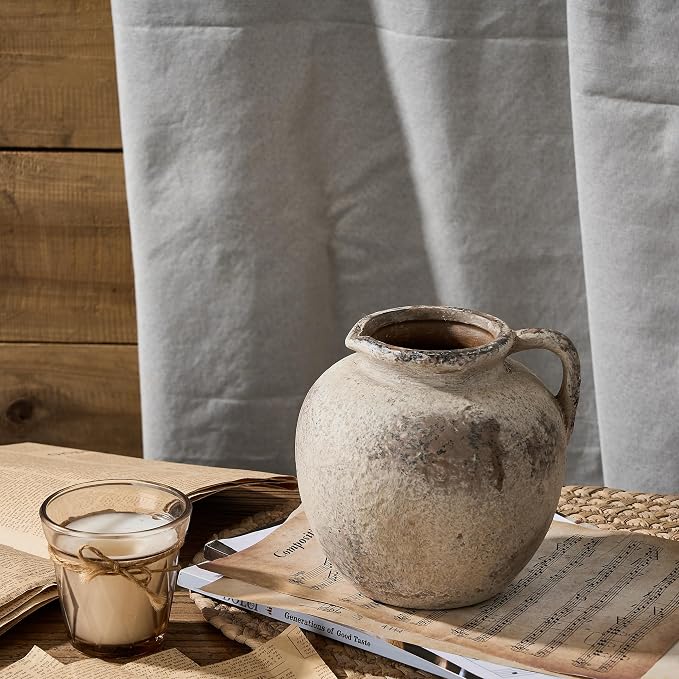 PORCER Antique Terracotta Vase with Handle, 5.6 Inch Farmhouse Ceramic Vase Boho Decor Decorative Vase, Rustic Vase for Home Decor, Living Room, Table, Wedding - Distressed Design, Gray