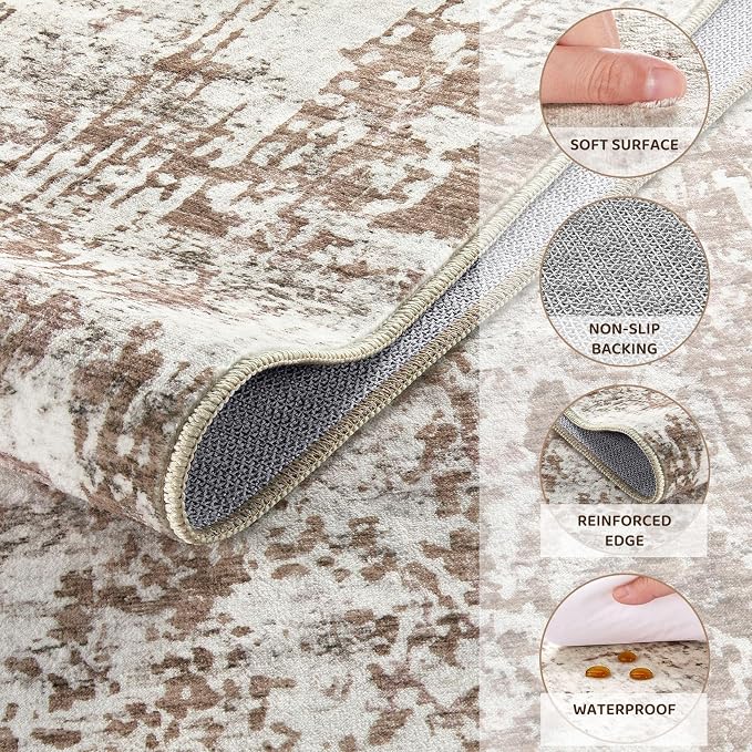 UERMEI 3x5 Area Rug Living Room Rugs - Washable Neutral Modern Abstract Soft Thin Rug Indoor Floor No Slip Rug Carpet for Bedroom Under Dining Table Home Office Decor - Brown/Grey/Red