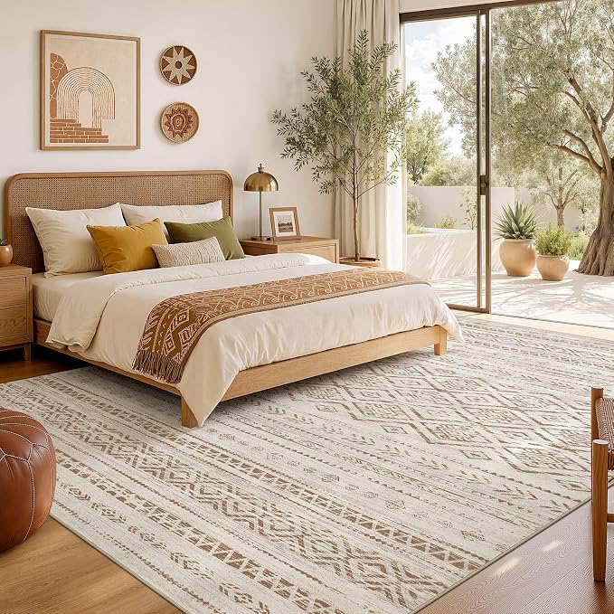 Nakagishi Area Rug Living Room Rugs: 9x12 Large Soft Machine Washable Boho Moroccan FarmNeutral Stain Resistant Indoor Floor Carpet for Bedroom Under Dining Table Home Office Decor-Brown