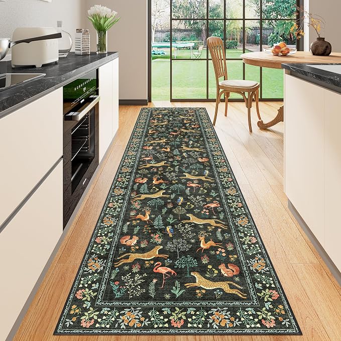 DUKINO 2.6x10 Washable Runner Rug, Non Slip Animal Rug for Hallway, Black | Soft, Low Pile, Non-Shedding Indoor Carpet Runner for Entryway, Kitchen, Bedroom, Bathroom, Pet Friendly, Stain Resistant