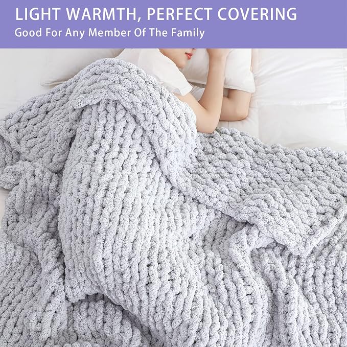 Bigacogo Chunky Knit Throw Blanket for Couch, 80x90 inches, Light Grey | Hand Knit with Jumbo Chenille, Soft Breathable Cable Knit for Sofa Bed Living Room, Machine Washable, Gift for Mom Friend