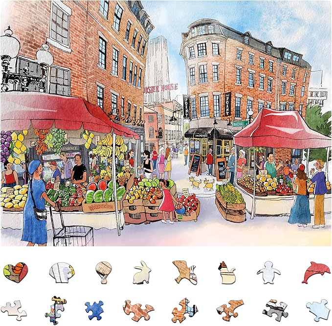 1000 Pieces Jigsaw Puzzles for Adults, Boston Bazaar Puzzle, Unique Shape Puzzles for Family Friends Challenging Games