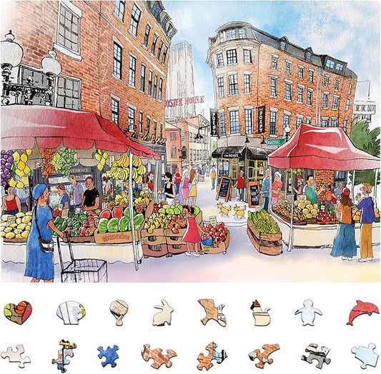 1000 Pieces Jigsaw Puzzles for Adults, Boston Bazaar Puzzle, Unique Shape Puzzles for Family Friends Challenging Games