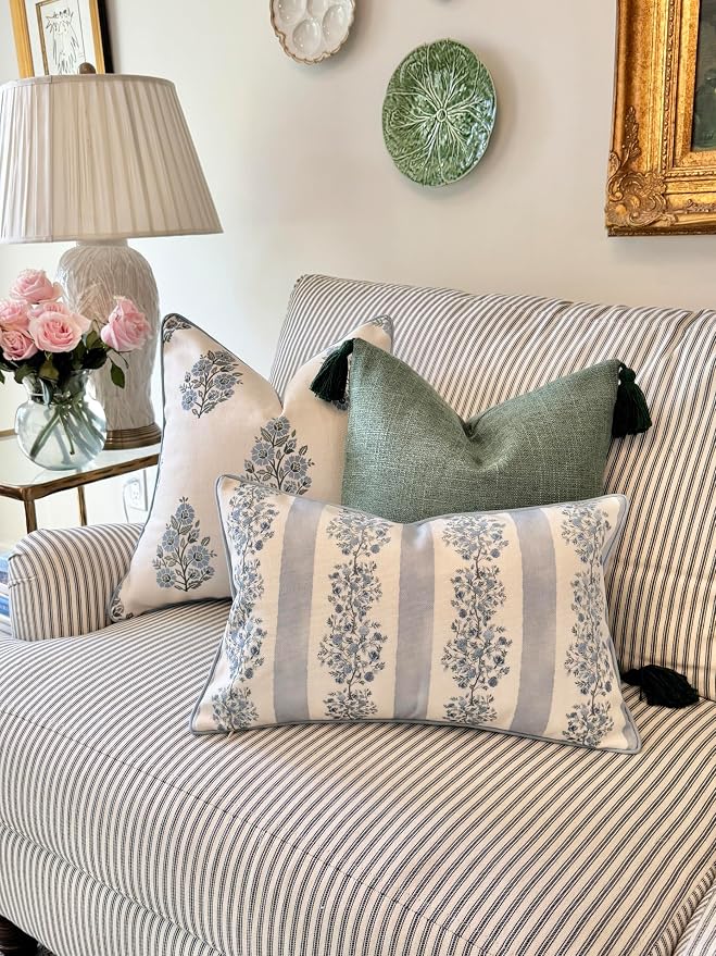 “The Juliet” Floral Block Print Pillow Cover – Soft Blue and Off-White Decorative Throw Pillow Cover – Grandmillennial Home Decor, 12"x20"
