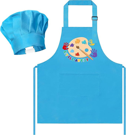 R HORSE Kid Apron and Chef Hat Set 2Pcs Adjustable Children Blue Artist Kitchen Apron, Dress up Role Play Chef Toy Cooking Baking Painting and Training Kits Funny Birthday Christmas Gift for Kids