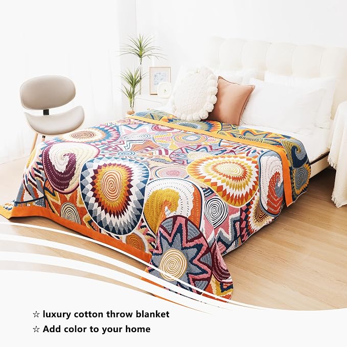 VANJOROY Boho Throw Blanket, 100% Organic Muslin Cotton Skin-friendly Breathable Ultra Soft Bed Quilt Throw - All Season Bohemian Decor Luxury Colorful Blanket for Sofa Couch Chair and Gift. 91" x 98"