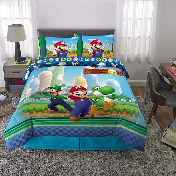 Super Mario Kids Full Size Bedding, 5 Piece Super Soft Cozy Reversible Comforter and Sheet Set, (Officially Licensed Product) By Franco