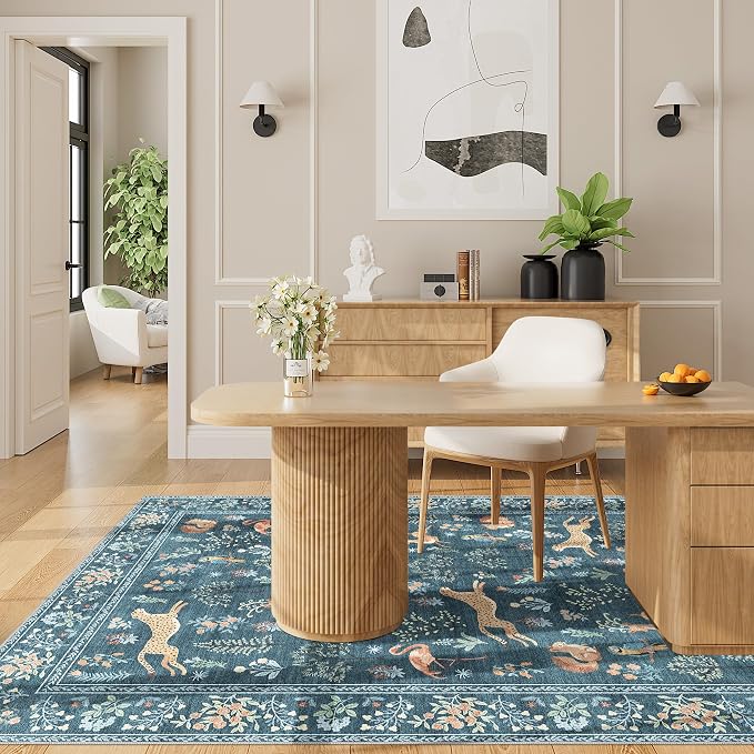 DUKINO 3x5 Rug, Washable Animal Area Rug for Bedroom Non Slip, Blue | Low Pile, Stain Resistant, Soft Indoor Carpet for Living Room, Kitchen, Dining Room, Nursery, Lightweight, Pet Friendly