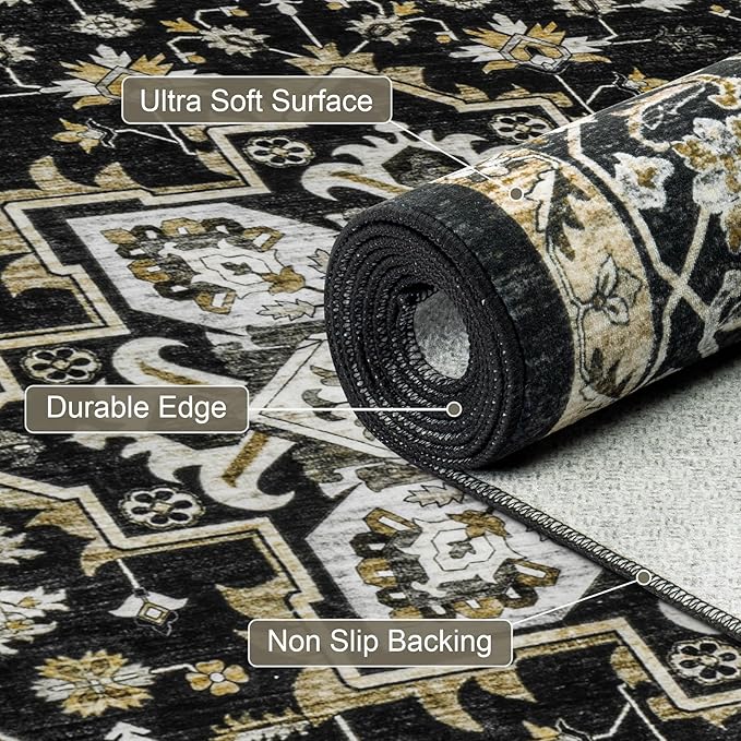 Round Area Rug for Living Room: 6ft Washable Vintage Boho Soft Thin Circle Rug Indoor Floor No Slip Stain Resistant Carpet for Bedroom Dining Room Farmhouse Nursery Home Office -Black Gold