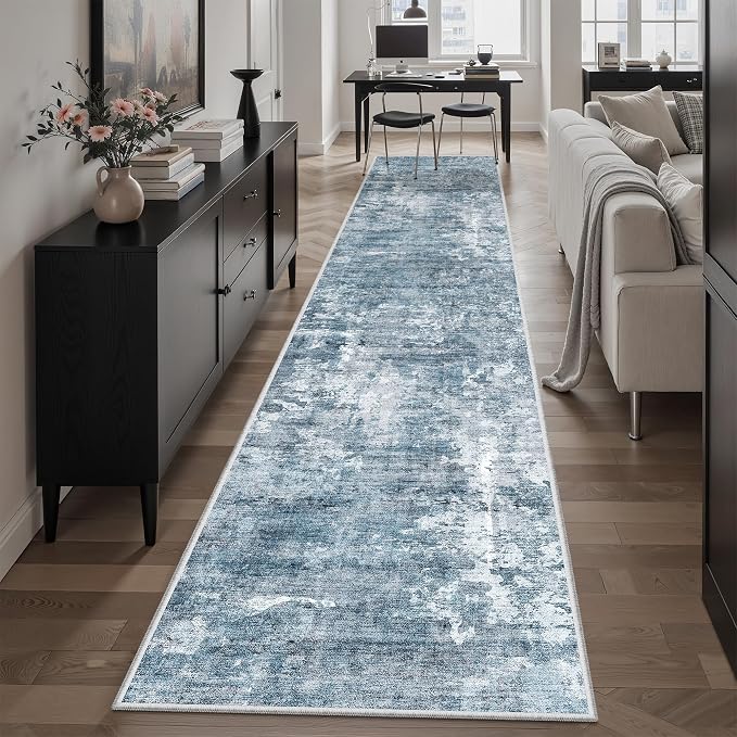 Soalmost Abstract Runner Rug 2x12 Hallway Kitchen Runners Blue/Grey | Stain Resistant Vintage Rugs for Bathroom Laundry Room, Low Pile Foldable Floor Carpet Mat for Entryway Corridor Bedroom