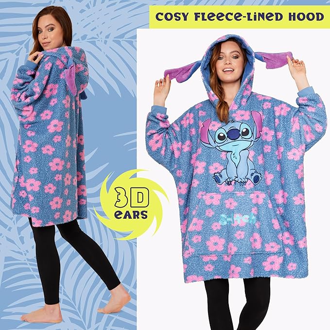 Disney Fleece Hoodie for Adults and Teenagers Oversized Hooded Poncho One Size - Stitch Gifts
