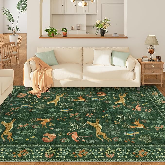 DUKINO 9x12 Area Rug for Living Room, Washable Animal Rug Non Slip, Green | Low Pile, Non-Shedding, Soft Indoor Large Carpet for Bedroom, Dining Room, Kids PlayRoom,Nursery, Farmhourse, Pet Friendly