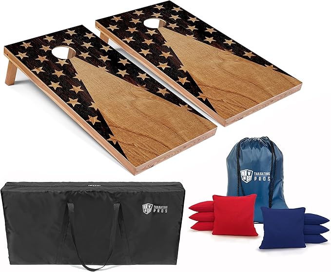 Tailgating Pros American Themed Lightweight Corn Hole Board Set w/Multicolored LED Rings, Bean, Bags, and Carrying Case - 4'x2' Cornhole Toss