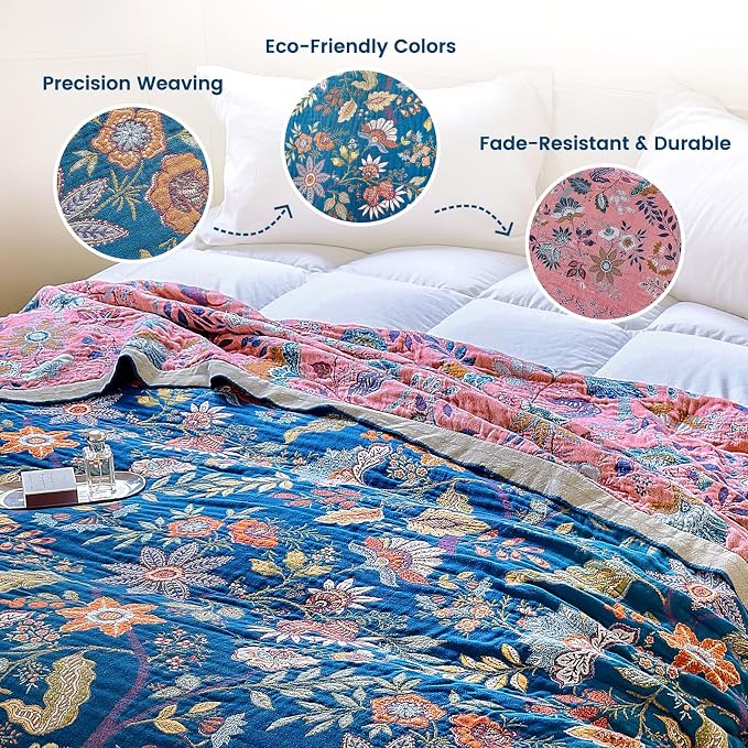 MSGKV Boho Throw Blanket 60"x80" 100% Cotton Twin Floral Throw for Couch | 100% Cotton Throw, Twin Floral Pattern, Reversible Woven, Summer Breathable, Lightweight, Home Decor, Machine Washable