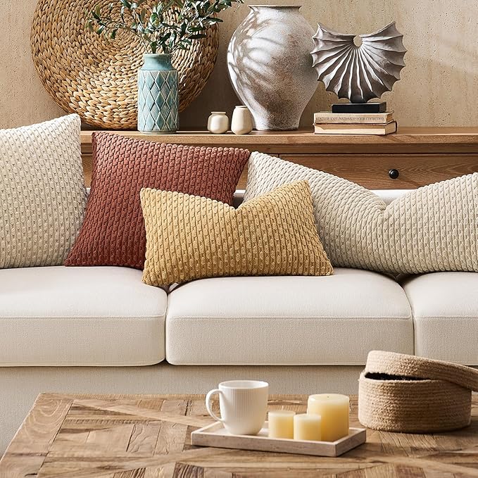 Kevin Textile Soft Corduroy 12"x20" Lumbar Pillow Cover 1 Pack, Tan | Boho Stripe Plush Corduroy Decorative Oblong Cushion Cover Modern Farmhouse Home Decor for Sofa Couch Bed Chair