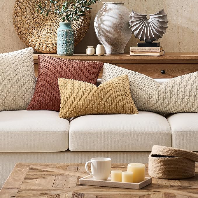Kevin Textile Soft Corduroy 14"x22" Lumbar Pillow Cover 1 Pack, Beige | Boho Stripe Plush Corduroy Decorative Oblong Cushion Cover Modern Farmhouse Home Decor for Sofa Couch Bed Chair
