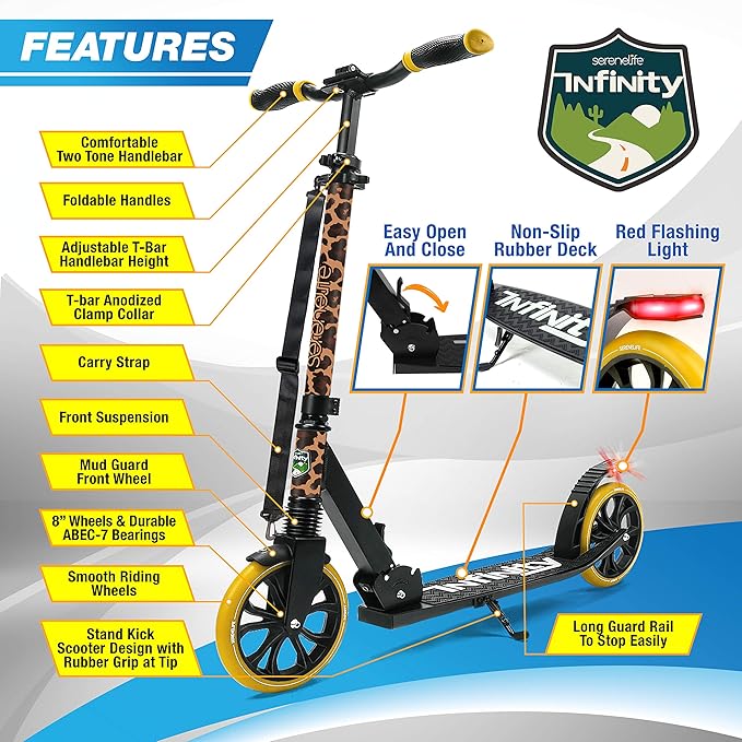 SereneLife Two Wheel Scooter for Teens, Smooth Gliding Kick Scooter for Adults w/Adjustable Height for Ages 8+, Portable All Terrain Scooter w/Carry Straps, Easy to Fold